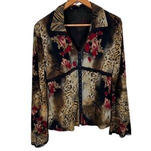 Y2K Leopard Print And Rose Print Blouse S Lace Trim Hook And Eye Closure Black